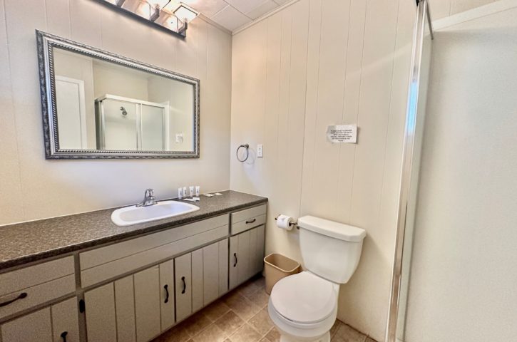 A modern bathroom features a sink with mirror, toilet, and shower stall. Neutral colors and clean lines create a minimalist aesthetic.